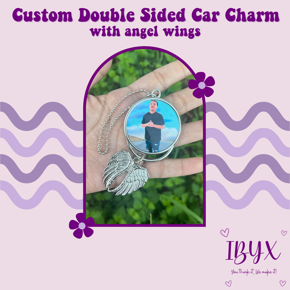 Custom Double Sided Car Charm (With Angel Wings)